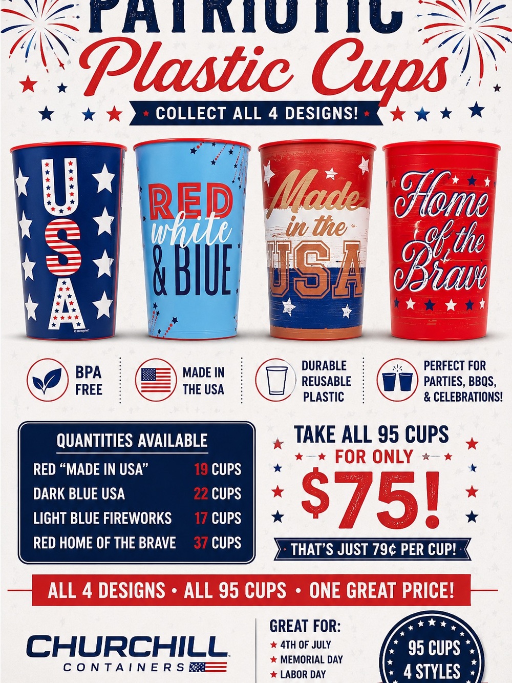 🇺🇸🎆 PATRIOTIC REUSABLE CUPS – ALL 95 FOR SALE! 🎆🇺🇸
